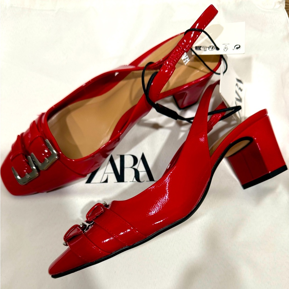 NWT Zara Red Slingback Buckled Heels